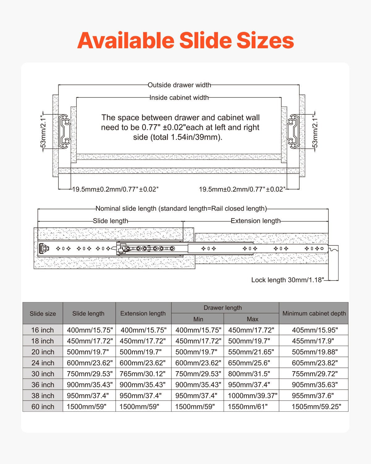 1 Pair Full Extension Drawer Slides 16 18 20 24 30 35 37.4 59 24 32 36 40 48 60 in, 250 lbs Load Capacity Locking Drawer Slides, Ball Bearing with Lock Side Mount Drawer Slide Rail