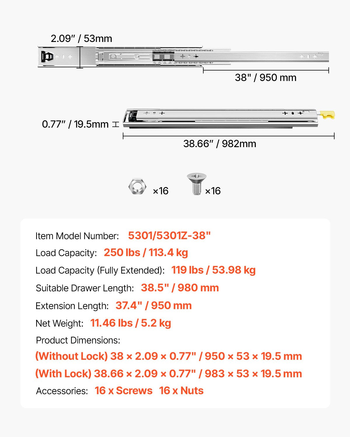 1 Pair Full Extension Drawer Slides 16 18 20 24 30 35 37.4 59 24 32 36 40 48 60 in, 250 lbs Load Capacity Locking Drawer Slides, Ball Bearing with Lock Side Mount Drawer Slide Rail