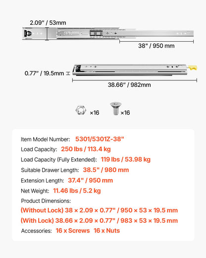 1 Pair Full Extension Drawer Slides 16 18 20 24 30 35 37.4 59 24 32 36 40 48 60 in, 250 lbs Load Capacity Locking Drawer Slides, Ball Bearing with Lock Side Mount Drawer Slide Rail