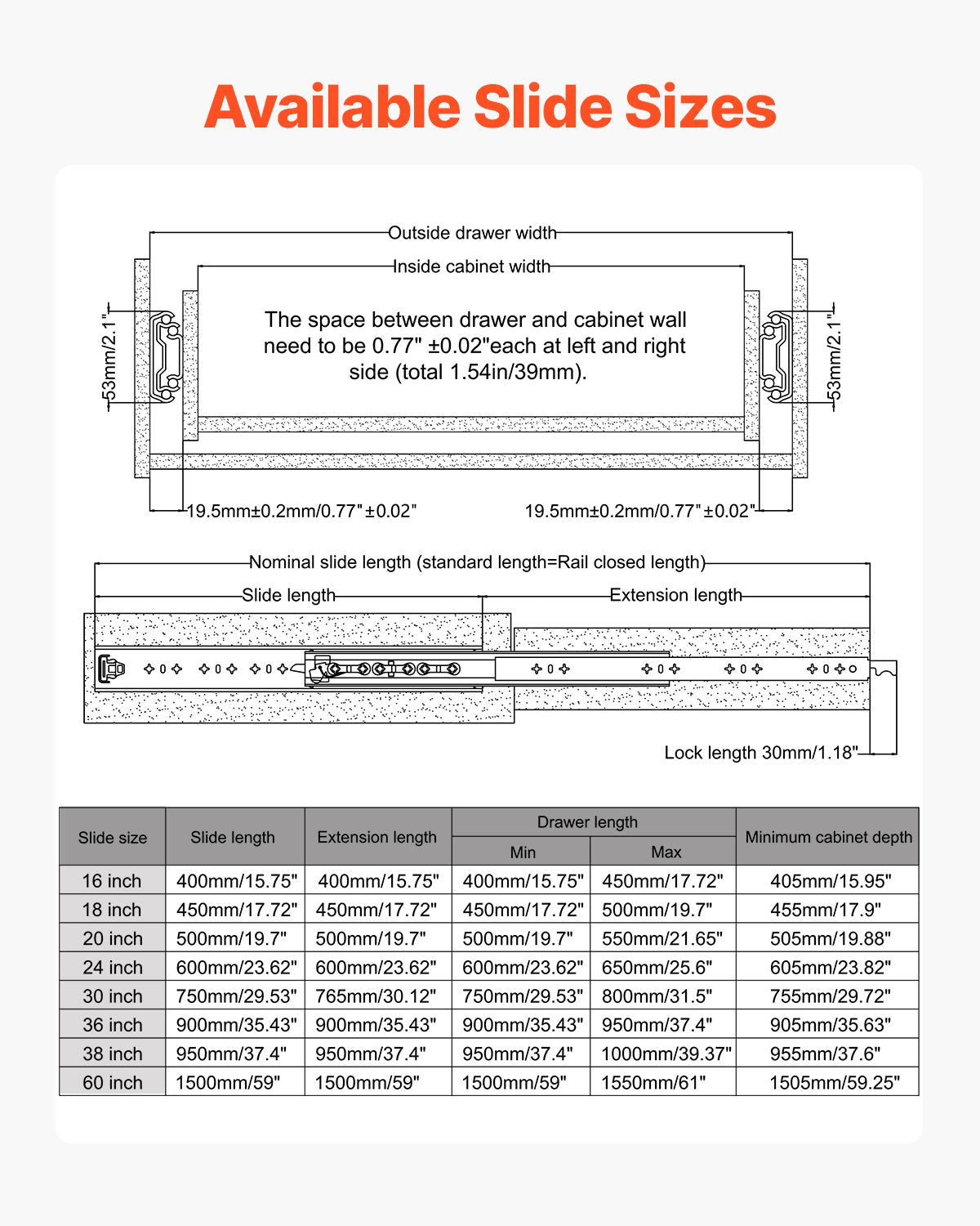 1 Pair Full Extension Drawer Slides 16 18 20 24 30 35 37.4 59 24 32 36 40 48 60 in, 250 lbs Load Capacity Locking Drawer Slides, Ball Bearing with Lock Side Mount Drawer Slide Rail