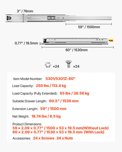 1 Pair Full Extension Drawer Slides 16 18 20 24 30 35 37.4 59 24 32 36 40 48 60 in, 250 lbs Load Capacity Locking Drawer Slides, Ball Bearing with Lock Side Mount Drawer Slide Rail
