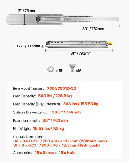1 Pair Full Extension Drawer Slides 16 18 20 24 30 35 37.4 59 24 32 36 40 48 60 in, 500 lbs Load Capacity Locking Drawer Slides, Ball Bearing with Lock Side Mount Drawer Slide Rail