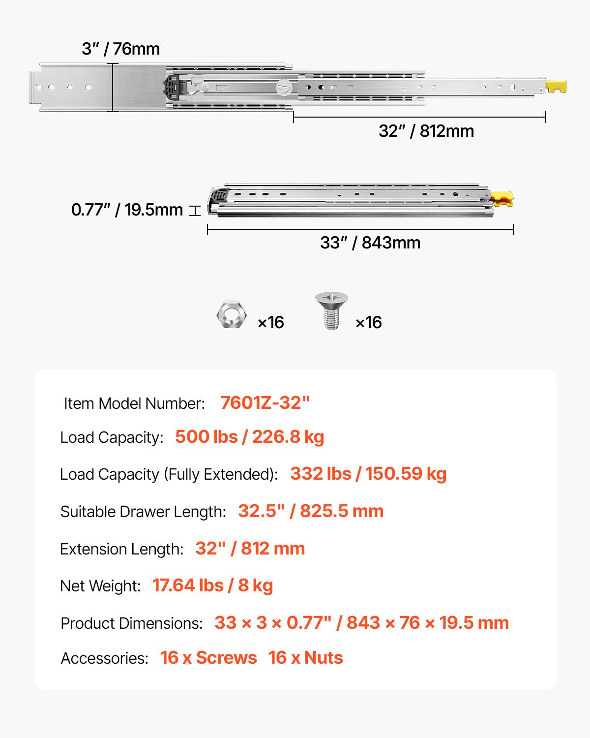 1 Pair Full Extension Drawer Slides 18 20 22 28 30 32 36 38 40 44 48 52 56 60 in, 500 lbs Load Capacity Locking Drawer Slides, Ball Bearing with Lock Side Mount Drawer Slide Rail