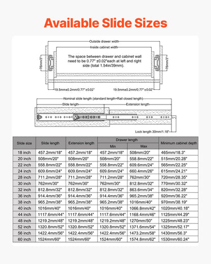 1 Pair Full Extension Drawer Slides 16 18 20 24 30 35 37.4 59 24 32 36 40 48 60 in, 500 lbs Load Capacity Locking Drawer Slides, Ball Bearing with Lock Side Mount Drawer Slide Rail