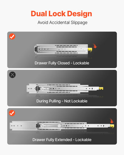 1 Pair Full Extension Drawer Slides 18 20 22 28 30 32 36 38 40 44 48 52 56 60 in, 500 lbs Load Capacity Locking Drawer Slides, Ball Bearing with Lock Side Mount Drawer Slide Rail
