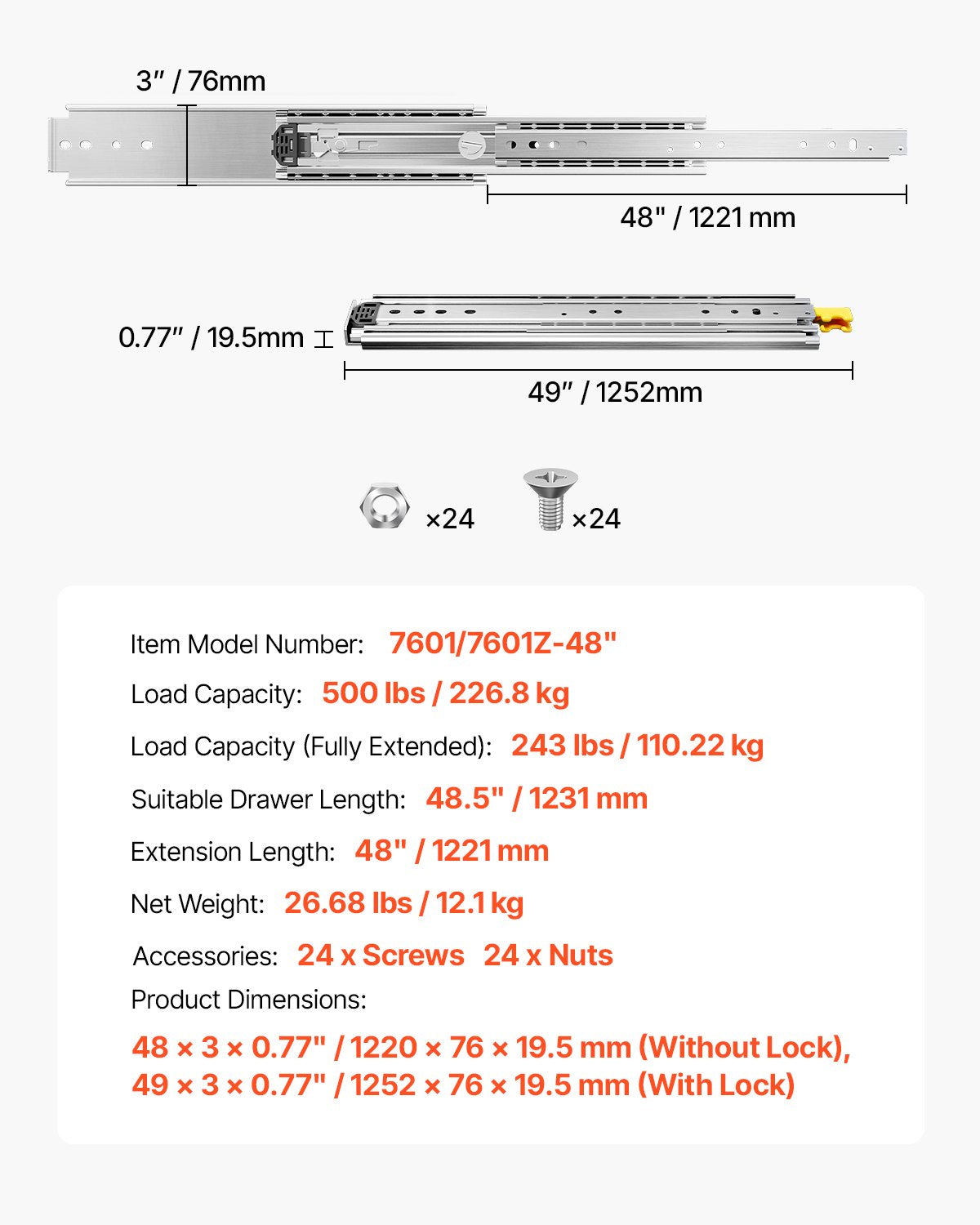 1 Pair Full Extension Drawer Slides 16 18 20 24 30 35 37.4 59 24 32 36 40 48 60 in, 500 lbs Load Capacity Locking Drawer Slides, Ball Bearing with Lock Side Mount Drawer Slide Rail
