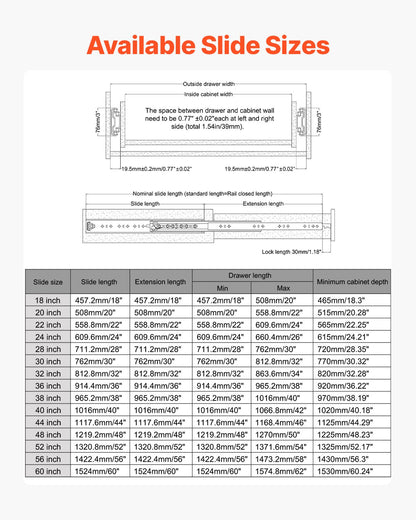 1 Pair Full Extension Drawer Slides 18 20 22 28 30 32 36 38 40 44 48 52 56 60 in, 500 lbs Load Capacity Locking Drawer Slides, Ball Bearing with Lock Side Mount Drawer Slide Rail