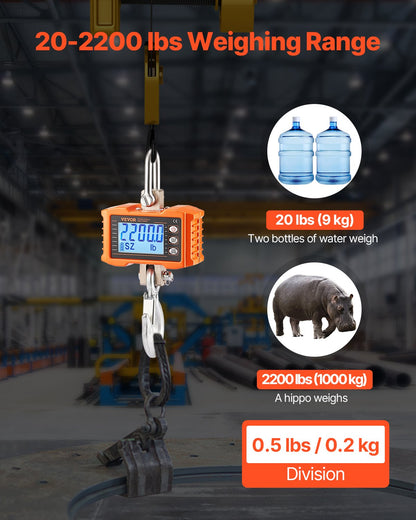 Digital Crane Scale, 2200 lbs/1000 kg, Industrial Heavy Duty Hanging Scale with Remote Control, Cast Aluminum Case & LCD Screen, High Precision for Construction, Factory, Farm, Hunting (Orange)