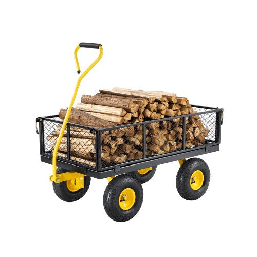 Schwerlast-Gartenwagen aus Stahl (900 lbs/ca. 408 kg), Gartenwagen auf Rädern, Gartenwagen aus Metall für den Außenbereich mit 10-Zoll-Reifen, abnehmbaren Seitenwänden aus Drahtgeflecht (umwandelbar in eine Ladefläche) und 180° drehbarem Griff