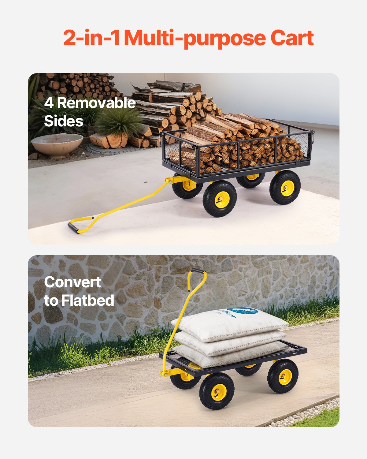 900 Lbs Heavy Duty Steel Garden Cart, Garden Wagon Cart on Wheels, Outdoor Metal Yard Utility Wagon Carts with 10" Tires and Mesh Removable Sides(Convert to Flatbed) and 180°Rotating Handle