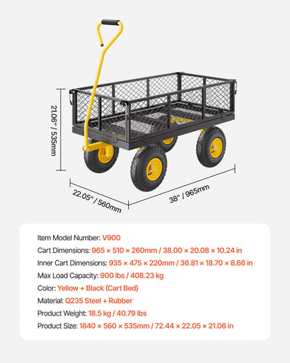 900 Lbs Heavy Duty Steel Garden Cart, Garden Wagon Cart on Wheels, Outdoor Metal Yard Utility Wagon Carts with 10" Tires and Mesh Removable Sides(Convert to Flatbed) and 180°Rotating Handle