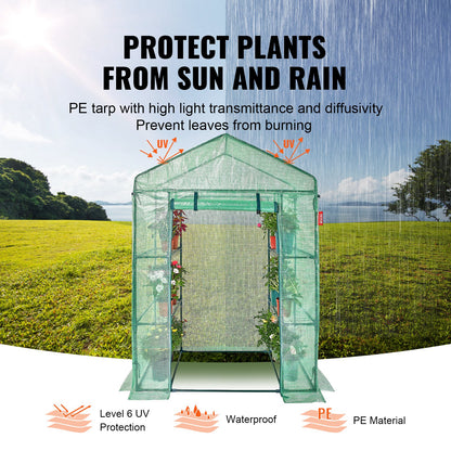 Begehbares Gewächshaus, 1,4 x 0,7 x 2 m, mit Regalen, in wenigen Minuten aufgebaut, hochfeste PE-Plane mit Türen und Fenstern sowie Stahlrahmen, geeignet zum Anpflanzen und Lagern, grün