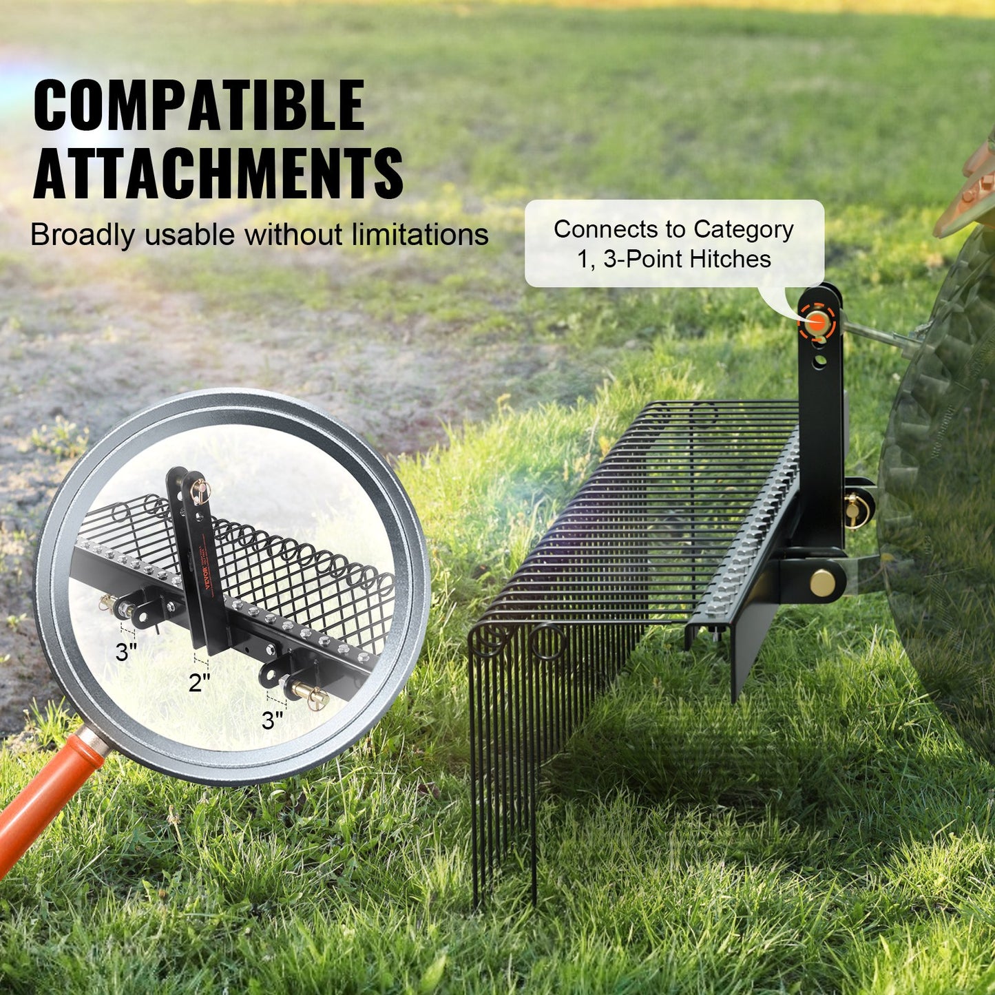 Tow Behind Landscape Rake, 60" Tow Dethatcher with 21 Steel Coil Tines, Lawn Dethatcher Rake Attaches to 48" or 60" Toolbars and 3-point Suspension Systems, for Leaves, Pine Needles, and Grass
