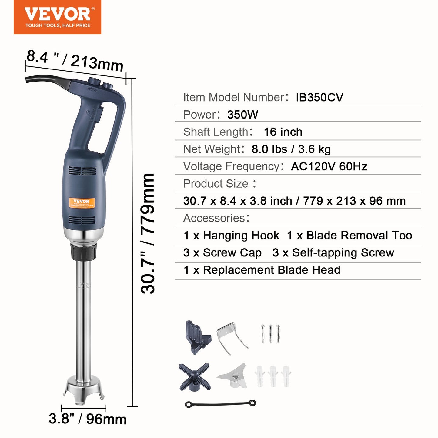 Professioneller Stabmixer, 350 W, Hochleistungs-Handmixer, 40 cm (16 Zoll) langer, stufenlos einstellbarer Geschwindigkeitsregler mit Edelstahlklinge, vielseitiger tragbarer Mixer für Suppen, Soßen, Kartoffelpüree und Sahne.