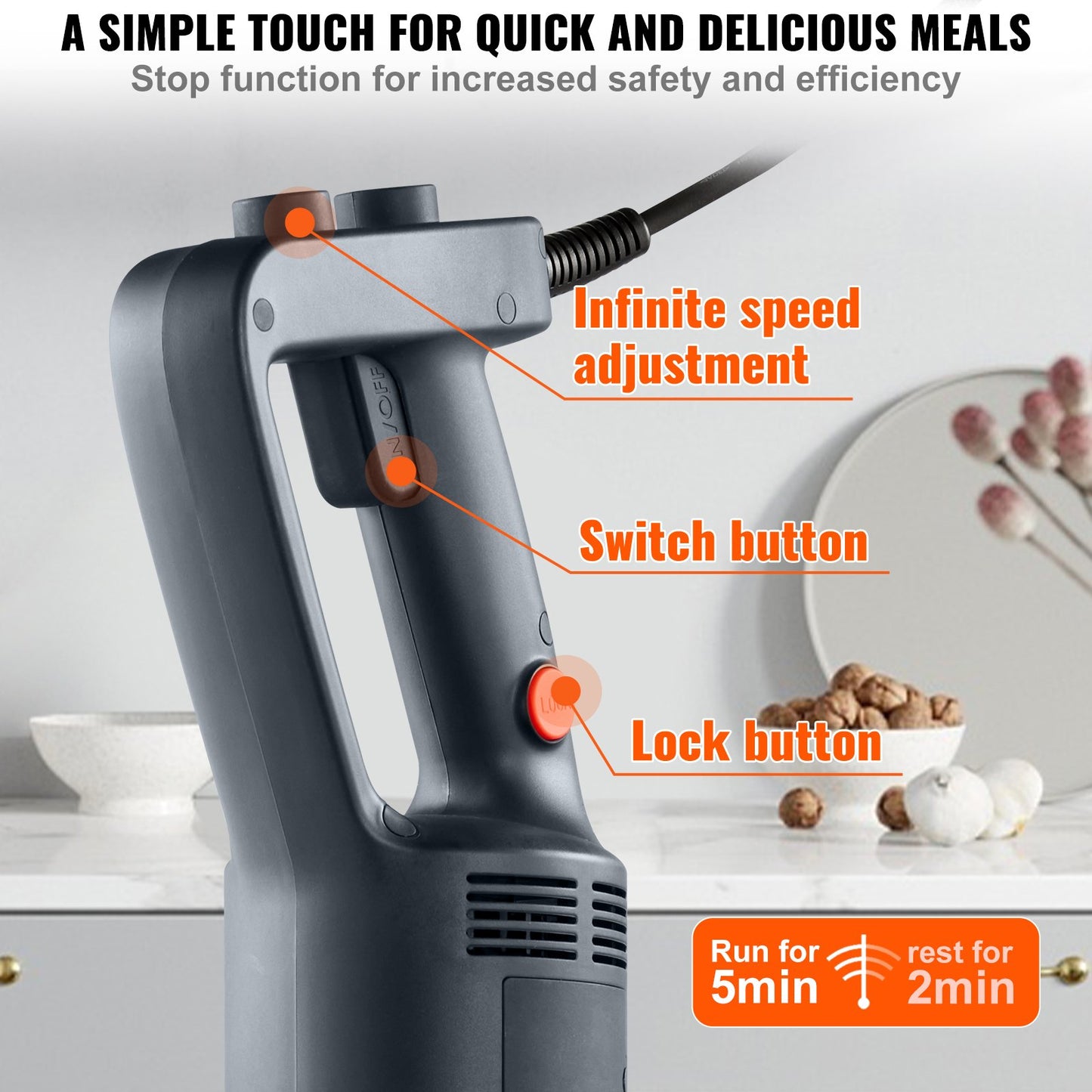 Professioneller Stabmixer, 750 Watt, Hochleistungs-Handmixer mit variabler Geschwindigkeit und Edelstahlklinge (304), vielseitig einsetzbar für Suppen, Smoothies, Pürees und Babynahrung.