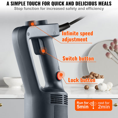 Professioneller Stabmixer, 750 Watt, Hochleistungs-Handmixer mit variabler Geschwindigkeit und Edelstahlklinge (304), vielseitig einsetzbar für Suppen, Smoothies, Pürees und Babynahrung.