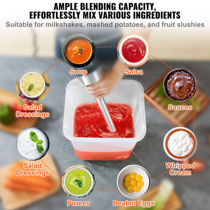 Professioneller Stabmixer, 750 Watt, Hochleistungs-Handmixer mit variabler Geschwindigkeit und Edelstahlklinge (304), vielseitig einsetzbar für Suppen, Smoothies, Pürees und Babynahrung.