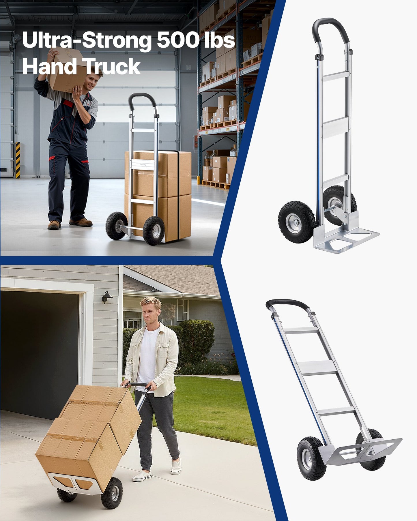 Hand Truck, 226.9 kg Load Capacity, Heavy-Duty Hand Truck Dolly with Non-Slip Wheels & Handle, Aluminum Alloy Portable Trolley Dolly with Tie-down Strap for Moving Home, Office, Warehouse