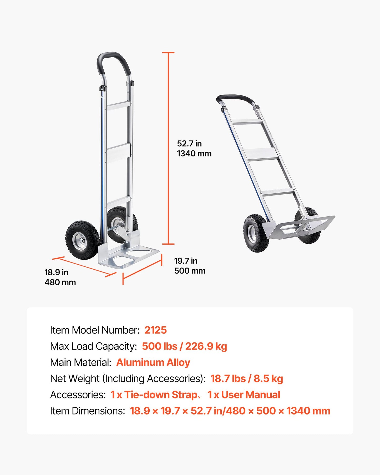 Hand Truck, 226.9 kg Load Capacity, Heavy-Duty Hand Truck Dolly with Non-Slip Wheels & Handle, Aluminum Alloy Portable Trolley Dolly with Tie-down Strap for Moving Home, Office, Warehouse