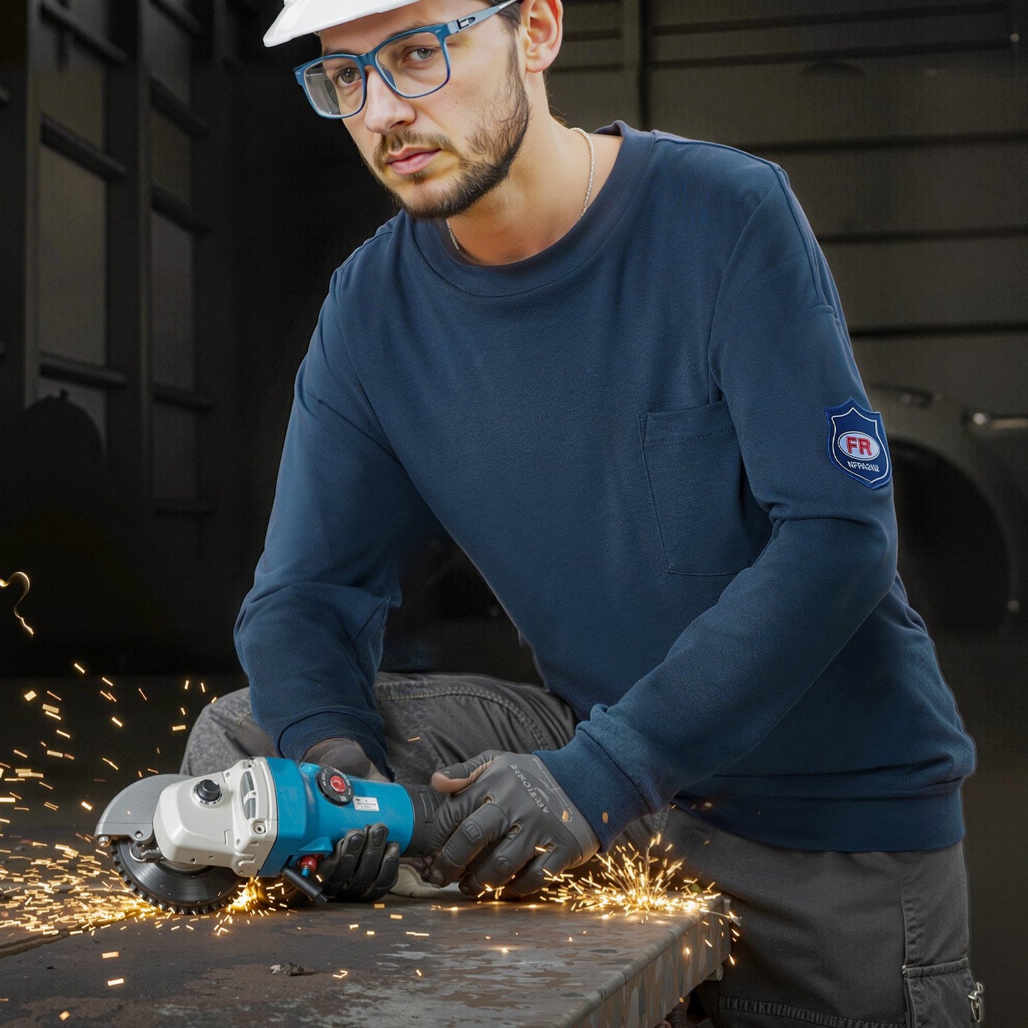 FR Shirts, Flame Resistant Long Sleeve Clothing Lightweight 7 oz Breathable Cotton, Men's Fire Retardant Work Shirt with Pre-shrink Treatment & Pocket, for Welders,Electricians,Navy Blue 2XL