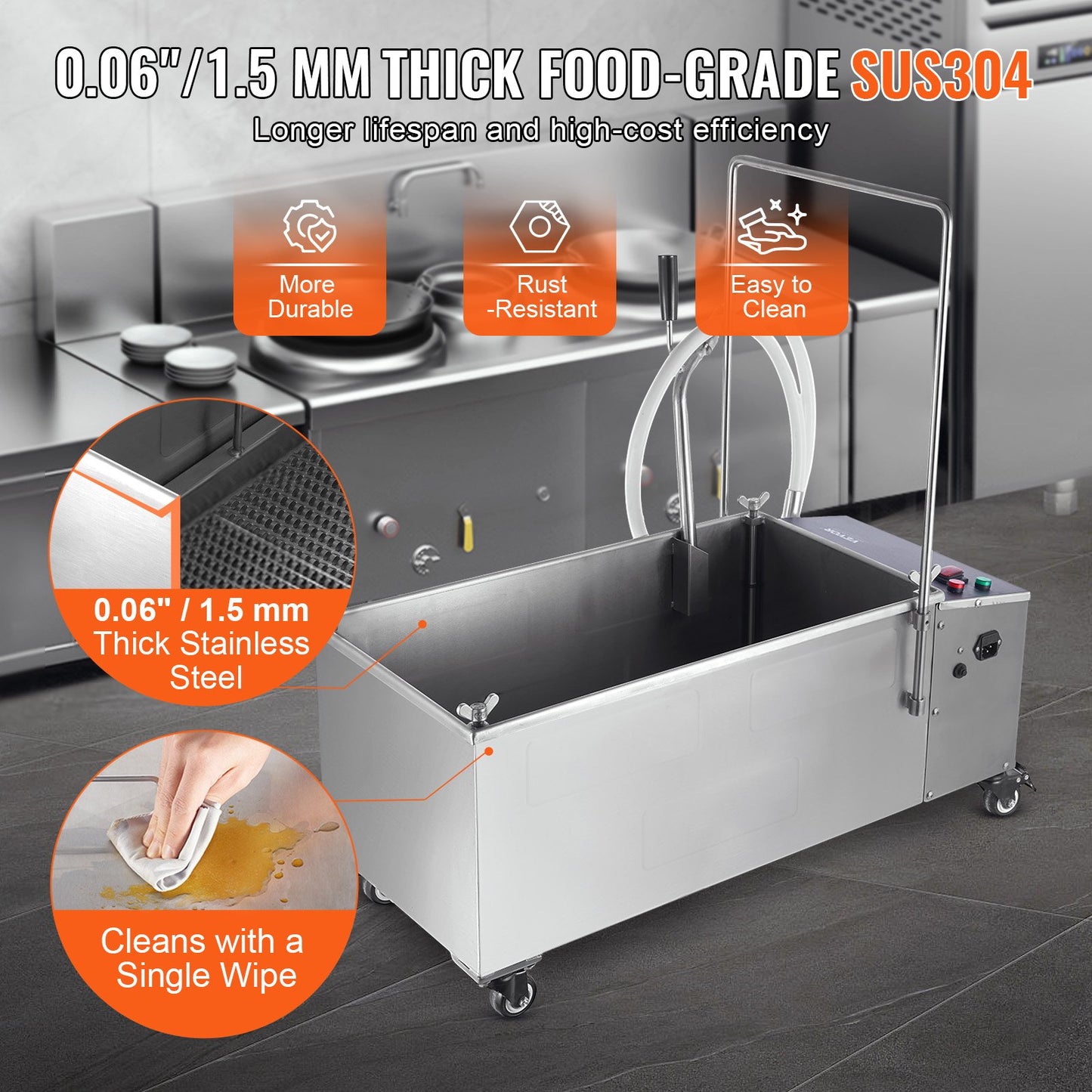 Mobile Fryer Filter, 55L Oil Tank Capacity, Oil Filtration System with 10 L/min Oil Filtration Speed, Mobile Frying Oil Filtering System with Swivel Wheels, Oil Hose for Restaurant Burger Stores