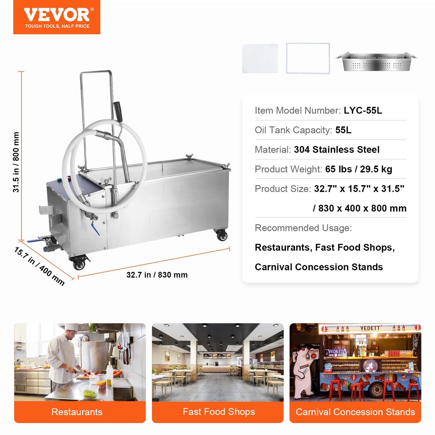 Mobile Fryer Filter, 55L Oil Tank Capacity, Oil Filtration System with 10 L/min Oil Filtration Speed, Mobile Frying Oil Filtering System with Swivel Wheels, Oil Hose for Restaurant Burger Stores