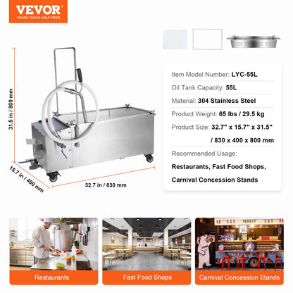 Mobile Fryer Filter, 55L Oil Tank Capacity, Oil Filtration System with 10 L/min Oil Filtration Speed, Mobile Frying Oil Filtering System with Swivel Wheels, Oil Hose for Restaurant Burger Stores
