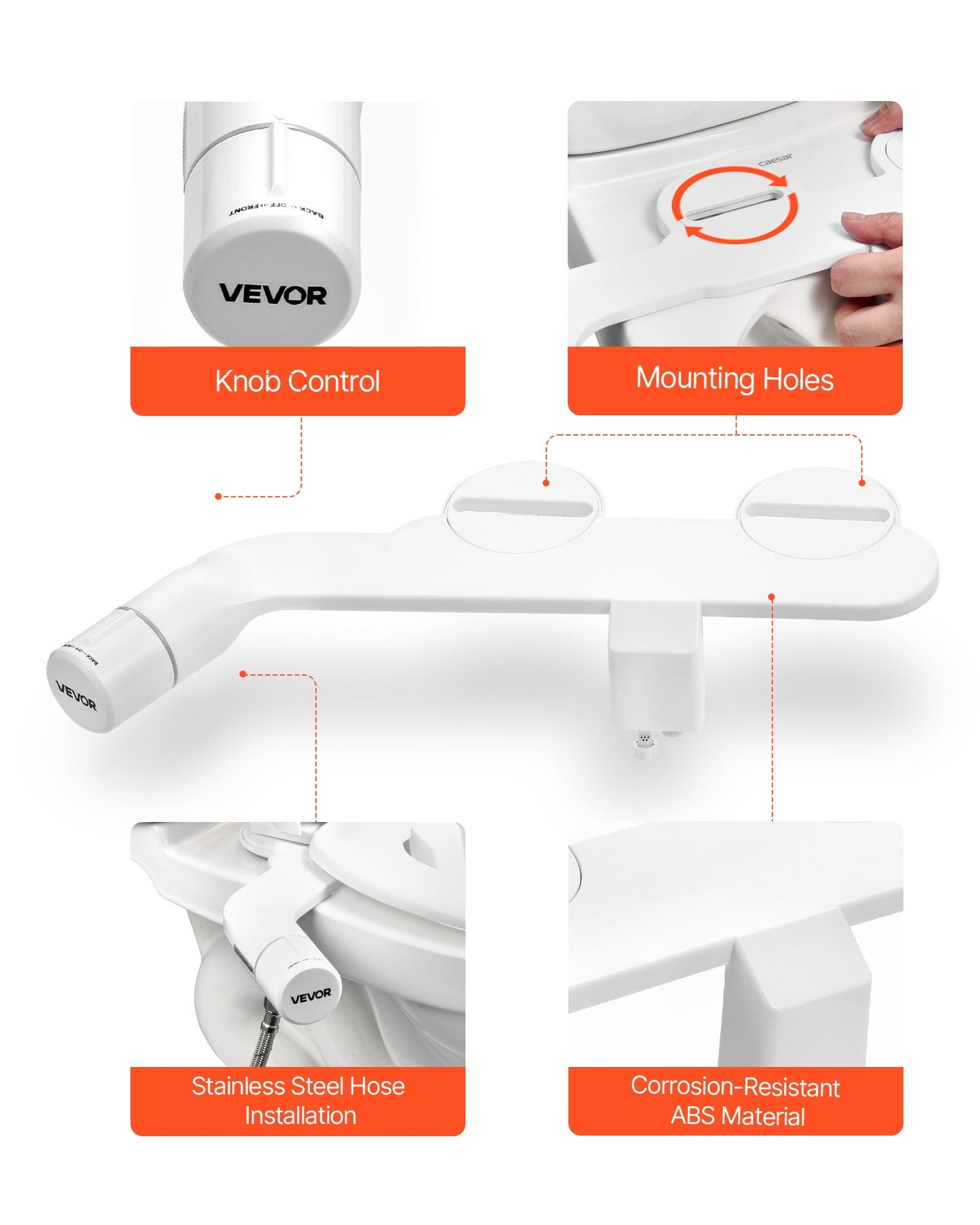 Bidet Attachment for Toilet, Non-Electric Bidet Toilet Seat Attachment - Dual Retractable Nozzles, Adjustable Cold Water Pressure, Stainless Steel Inlet, Ideal for Rear and Feminine Wash, White