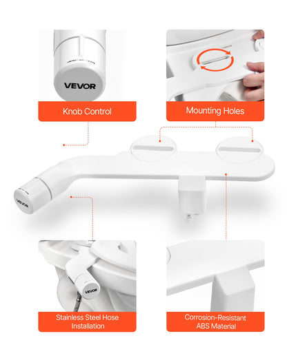 Bidet Attachment for Toilet, Non-Electric Bidet Toilet Seat Attachment - Dual Retractable Nozzles, Adjustable Cold Water Pressure, Stainless Steel Inlet, Ideal for Rear and Feminine Wash, White