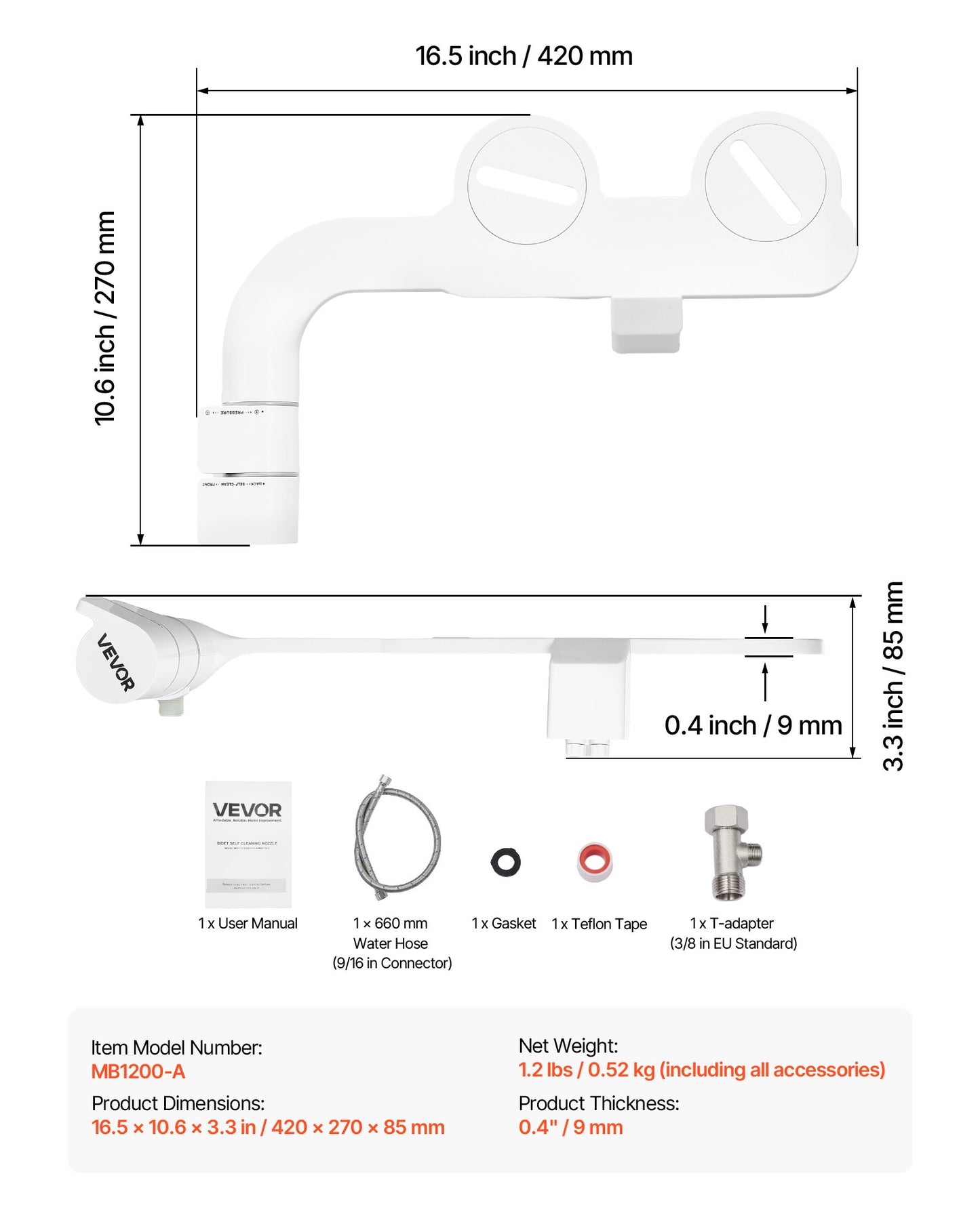 Bidet Attachment for Toilet, Self-Cleaning Bidet Toilet Seat Attachment - Dual Retractable Nozzles, Adjustable Water Pressure, Easily Installed Cold Water Sprayer for Rear Feminine Wash, White