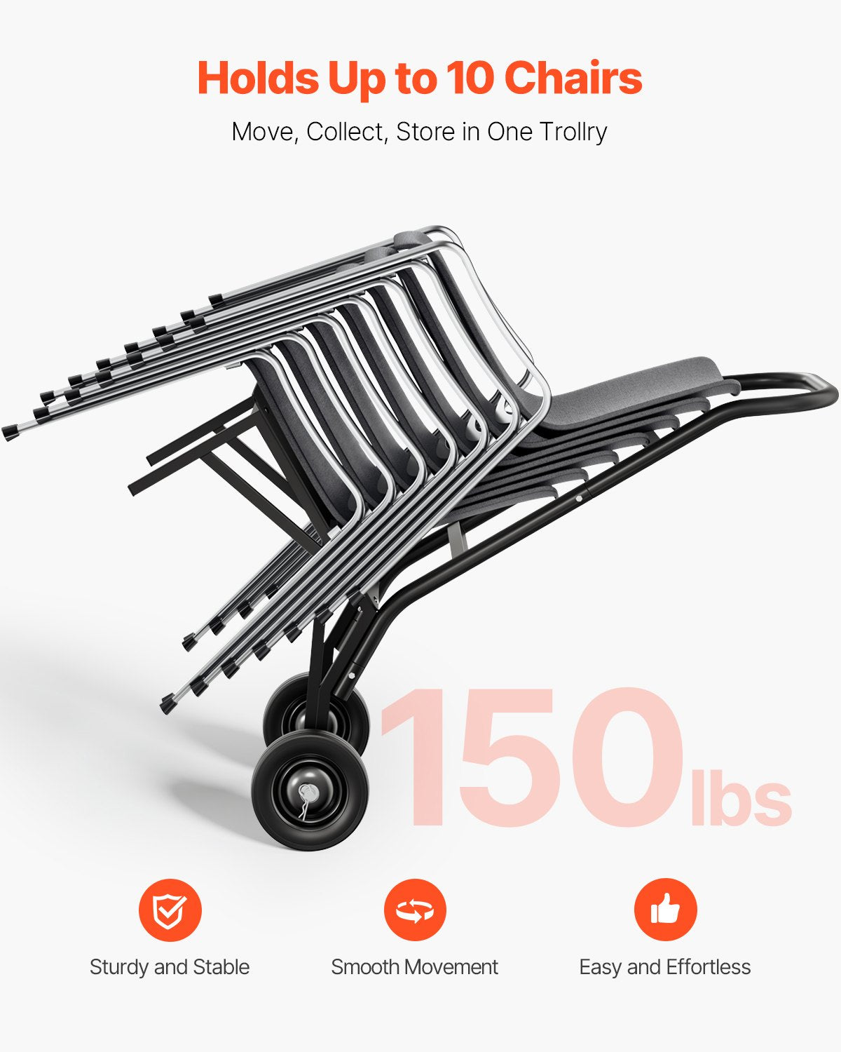 Klappbarer Stuhlwagen, Tragkraft 68 kg, robuster Stuhlwagen für 10 stapelbare Stühle, multifunktionaler Stuhlwagen aus Metall mit Gummirädern, Schiebestuhlhalterung, mattschwarz