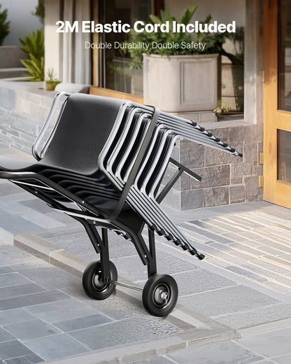 Klappbarer Stuhlwagen, Tragkraft 68 kg, robuster Stuhlwagen für 10 stapelbare Stühle, multifunktionaler Stuhlwagen aus Metall mit Gummirädern, Schiebestuhlhalterung, mattschwarz