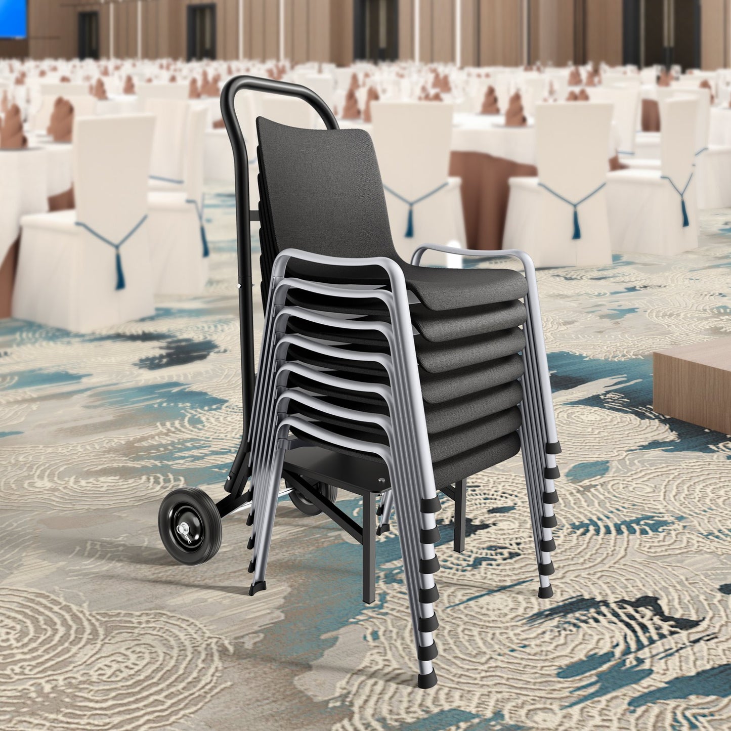 Klappbarer Stuhlwagen, Tragkraft 68 kg, robuster Stuhlwagen für 10 stapelbare Stühle, multifunktionaler Stuhlwagen aus Metall mit Gummirädern, Schiebestuhlhalterung, mattschwarz