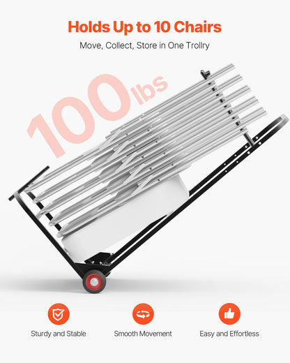 Folding Chair Rack, 100 LBS Capacity, Heavy-duty Chair Cart for Hanging 10 Chairs, Multi-Function Metal Chair Storage Dolly with Rubber Wheels, Push-Style Chair Holder, Matte Black
