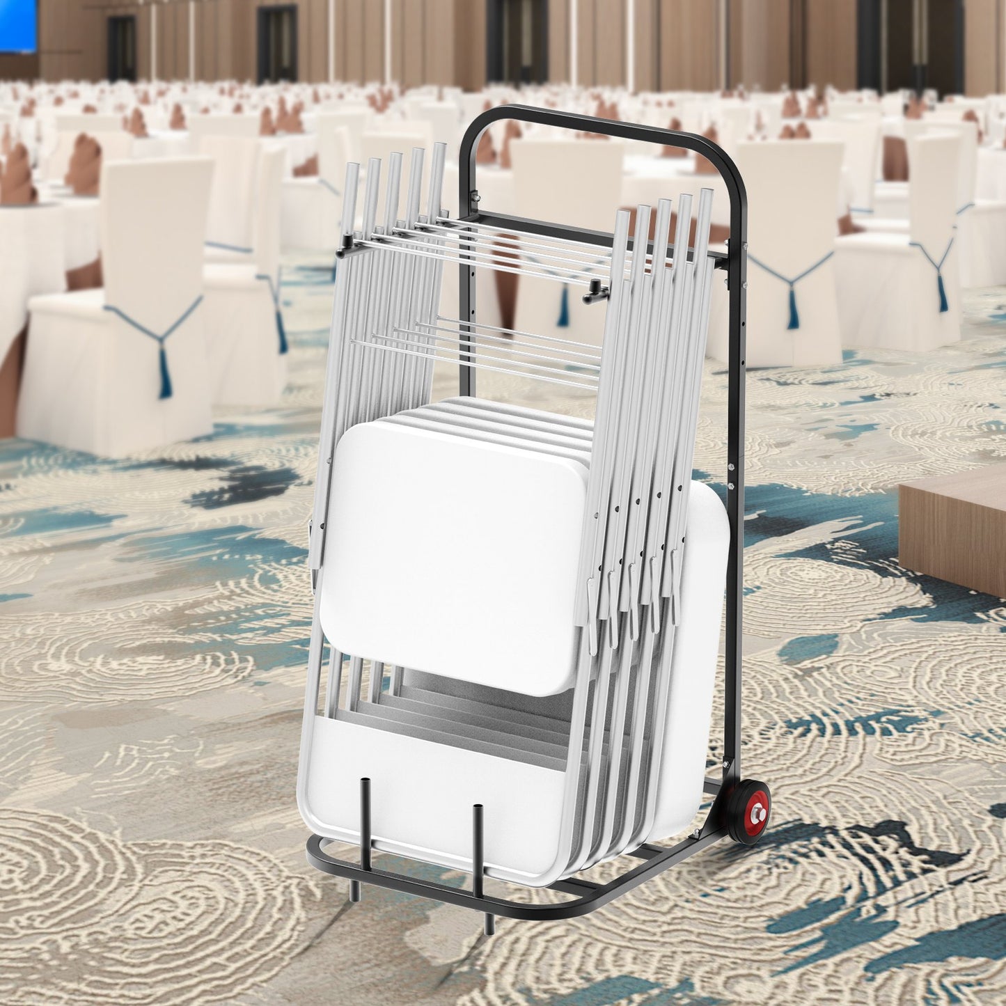 Folding Chair Rack, 100 LBS Capacity, Heavy-duty Chair Cart for Hanging 10 Chairs, Multi-Function Metal Chair Storage Dolly with Rubber Wheels, Push-Style Chair Holder, Matte Black