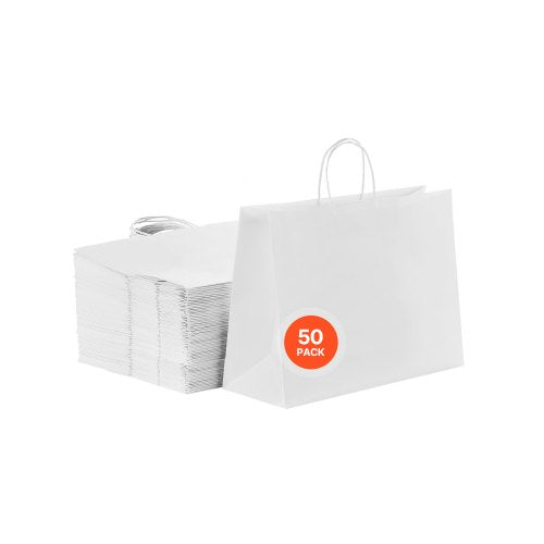 Kraft Paper Bags with Handles, 50Pcs 16 x 6 x 12 in, Large Paper Grocery Bags, Reusable & Recycled Take-Out Sacks, Plain Party Bag Bulk for Birthday, Wedding, Business, Goody, White