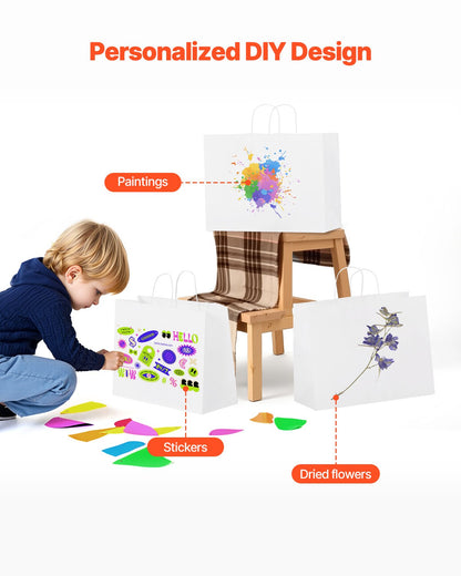 Kraft Paper Bags with Handles, 50Pcs 16 x 6 x 12 in, Large Paper Grocery Bags, Reusable & Recycled Take-Out Sacks, Plain Party Bag Bulk for Birthday, Wedding, Business, Goody, White