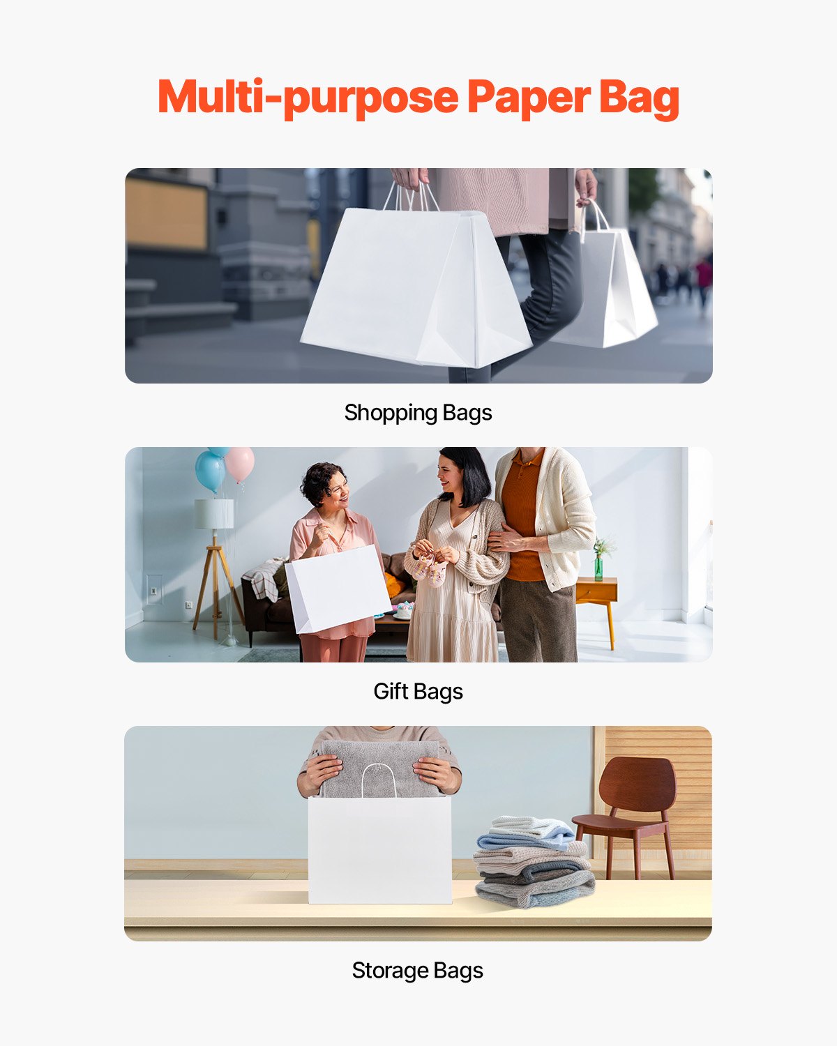 Kraft Paper Bags with Handles, 50Pcs 16 x 6 x 12 in, Large Paper Grocery Bags, Reusable & Recycled Take-Out Sacks, Plain Party Bag Bulk for Birthday, Wedding, Business, Goody, White