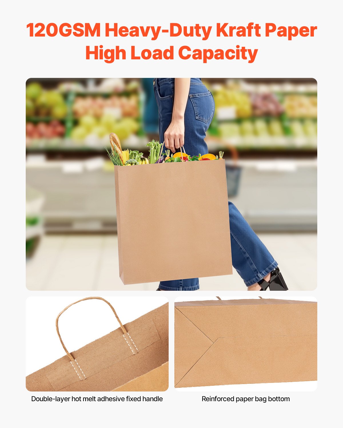 Kraft Paper Bags with Handles, 100Pcs 18 x 7 x 19 in, Large Paper Grocery Bags, Reusable & 100% Recycled Take-Out Sacks, Plain Party Bag Bulk for Birthday, Wedding, Business, Goody, Brown