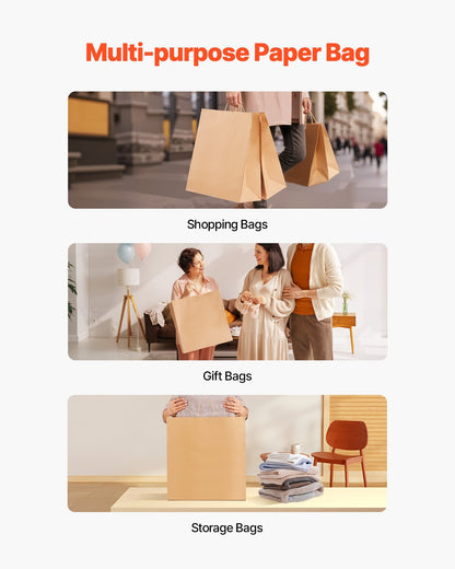 Kraft Paper Bags with Handles, 100Pcs 18 x 7 x 19 in, Large Paper Grocery Bags, Reusable & 100% Recycled Take-Out Sacks, Plain Party Bag Bulk for Birthday, Wedding, Business, Goody, Brown