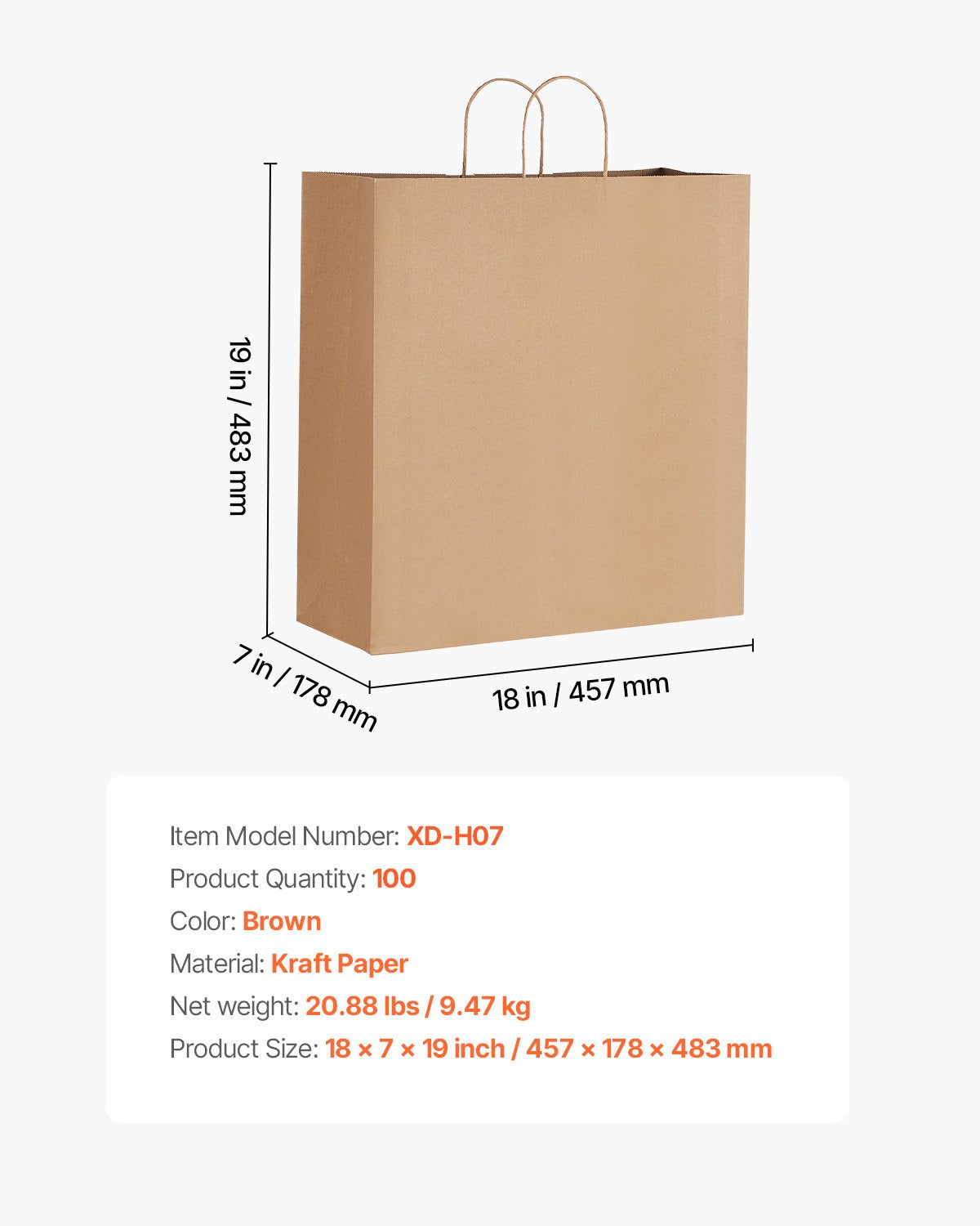 Kraft Paper Bags with Handles, 100Pcs 18 x 7 x 19 in, Large Paper Grocery Bags, Reusable & 100% Recycled Take-Out Sacks, Plain Party Bag Bulk for Birthday, Wedding, Business, Goody, Brown