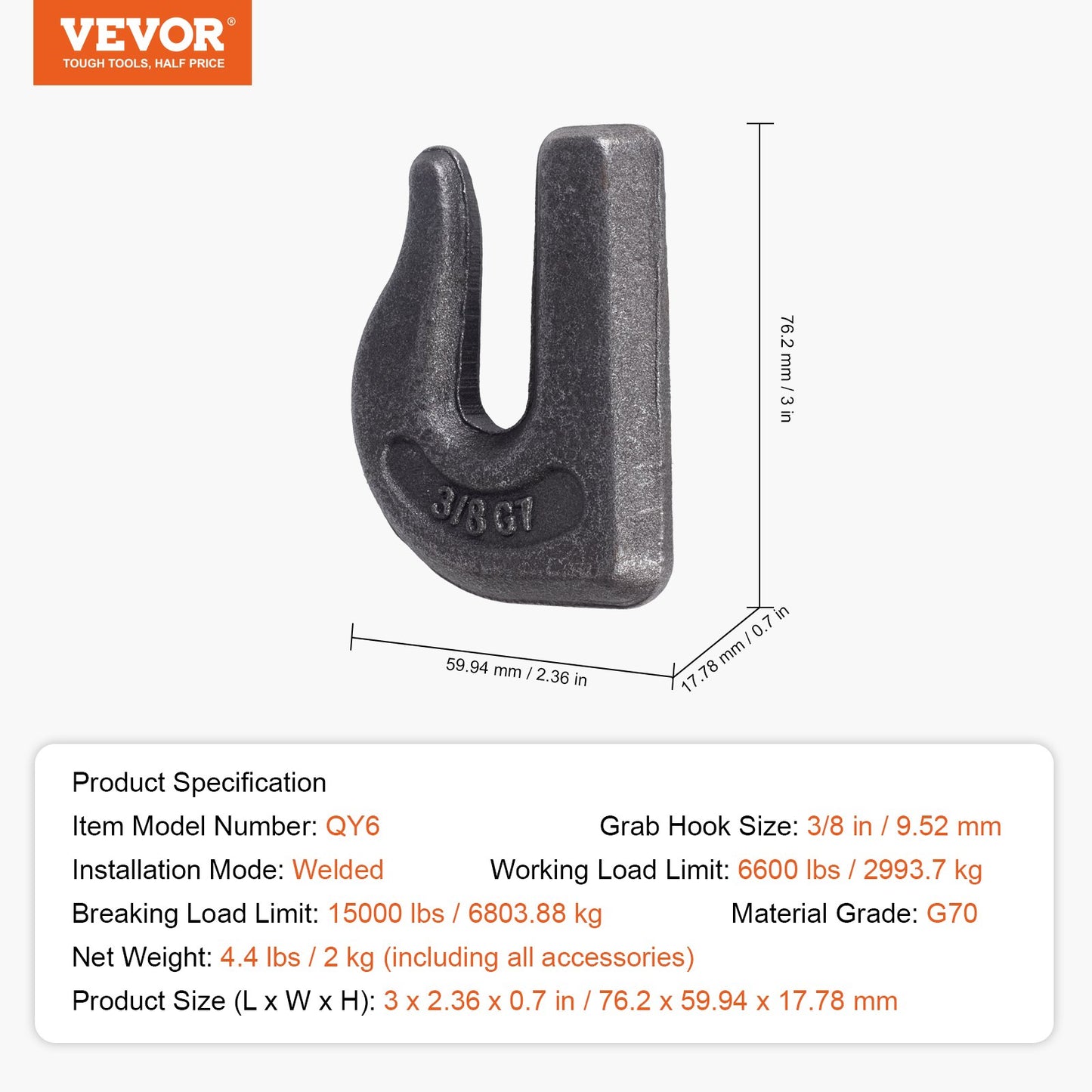 Anschweißbare Greifkettenhaken 3/8" Schwerlast-Abschlepphaken G70 aus Schmiedestahl, 6er-Pack, Traktorhaken, schweißbar, kompatibel mit Traktorschaufeln, Kränen, Kettenzügen, Gabelstaplern, maximale Bruchlast 15.000 lbs (ca. 6.800 kg).