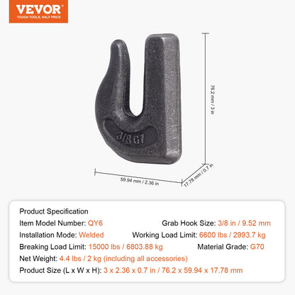 Anschweißbare Greifkettenhaken 3/8" Schwerlast-Abschlepphaken G70 aus Schmiedestahl, 6er-Pack, Traktorhaken, schweißbar, kompatibel mit Traktorschaufeln, Kränen, Kettenzügen, Gabelstaplern, maximale Bruchlast 15.000 lbs (ca. 6.800 kg).