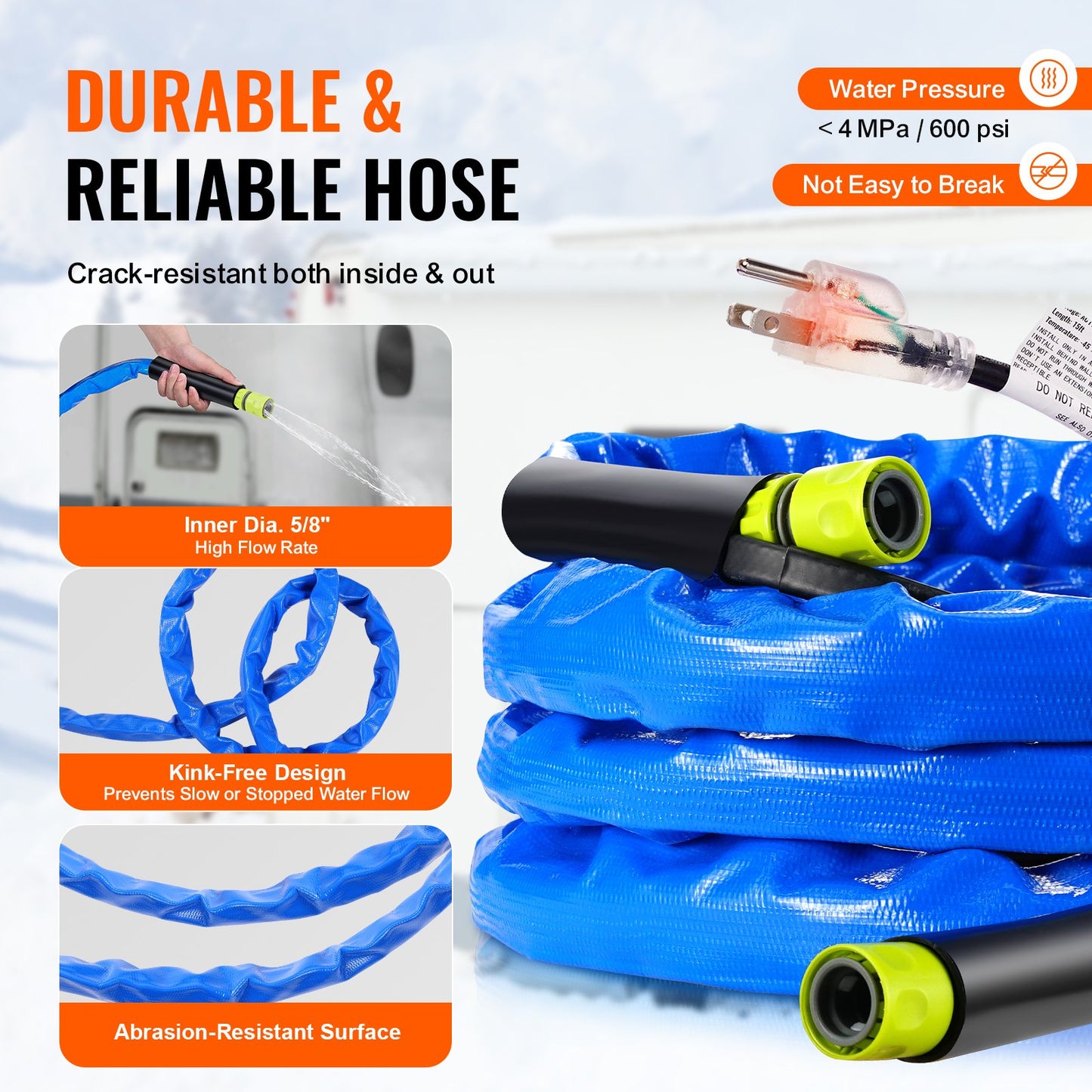 15ft Heated Water Hose for RV, Heated Drinking Water Hose with Corrugated Cover Antifreeze to -45°F, Automatic Self-regulating, 5/8" I.D. with Quick-connect Fitting Set, Lead and BPA Free