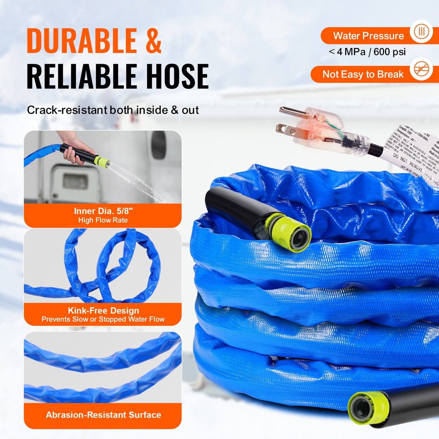 25ft Heated Water Hose for RV, Heated Drinking Water Hose with Corrugated Cover Antifreeze to -45°F, Automatic Self-regulating, 5/8" I.D. with Quick-connect Fitting Set, Lead and BPA Free