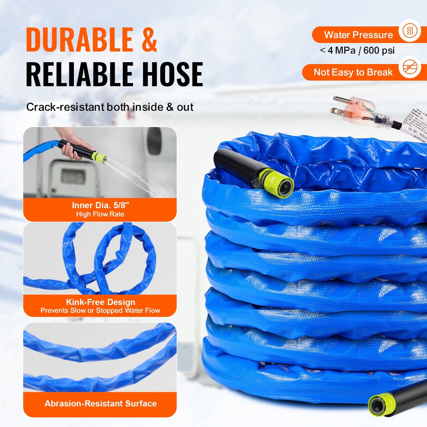 15.24 m Heated Water Hose for RV -45℉ Antifreeze Heated Drinking Water Hose