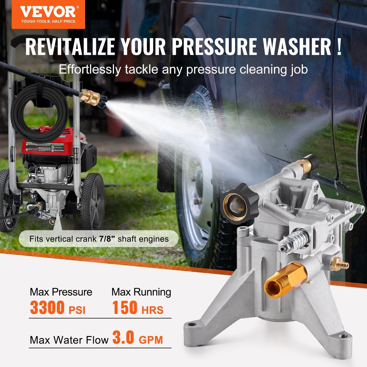 Hochdruckreinigerpumpe, 22 mm (7/8") Schaft, vertikal, 227 bar (3300 PSI), 11 l/min (3,0 GPM), Ersatz-Hochdruckreinigerpumpen-Set mit 5 Düsen, Befestigungsmaterial und Ansaugschlauch, kompatibel mit RYOBI, Honda, Briggs &amp; Stratton