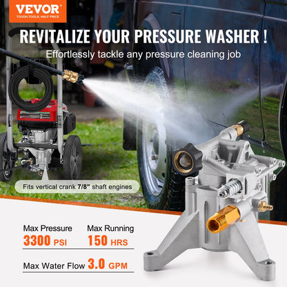 Hochdruckreinigerpumpe, 22 mm (7/8") Schaft, vertikal, 227 bar (3300 PSI), 11 l/min (3,0 GPM), Ersatz-Hochdruckreinigerpumpen-Set mit 5 Düsen, Befestigungsmaterial und Ansaugschlauch, kompatibel mit RYOBI, Honda, Briggs &amp; Stratton