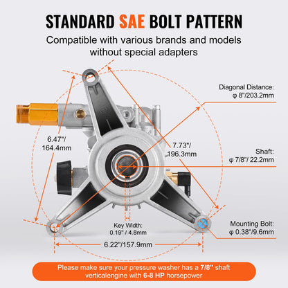 Hochdruckreinigerpumpe, 22 mm (7/8") Schaft, vertikal, 227 bar (3300 PSI), 11 l/min (3,0 GPM), Ersatz-Hochdruckreinigerpumpen-Set mit 5 Düsen, Befestigungsmaterial und Ansaugschlauch, kompatibel mit RYOBI, Honda, Briggs &amp; Stratton