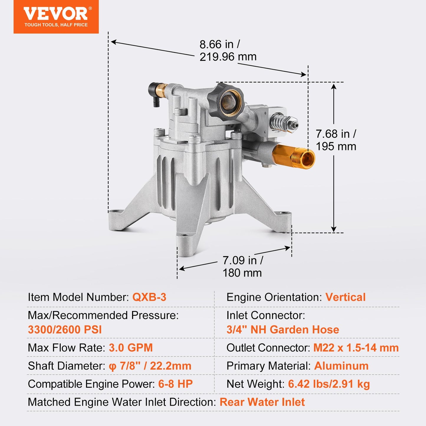 Hochdruckreinigerpumpe, 22 mm (7/8") Schaft, vertikal, 227 bar (3300 PSI), 11 l/min (3,0 GPM), Ersatz-Hochdruckreinigerpumpen-Set mit 5 Düsen, Befestigungsmaterial und Ansaugschlauch, kompatibel mit RYOBI, Honda, Briggs &amp; Stratton